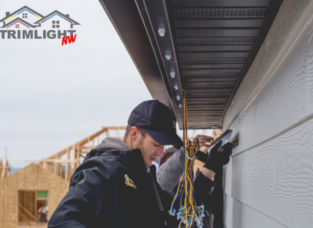 man installing permanent lighting on the outside of a house after a permanent lighting design consultation