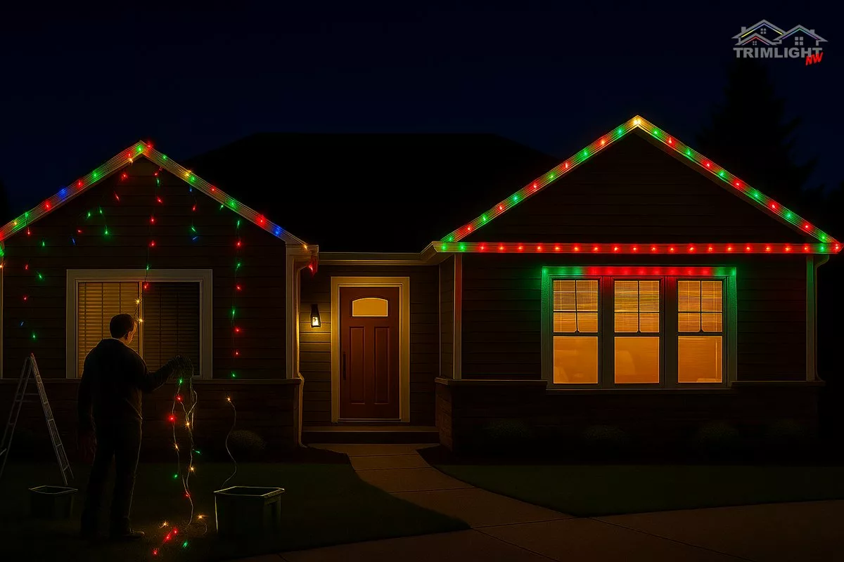 Decorating for Christmas at Dusk