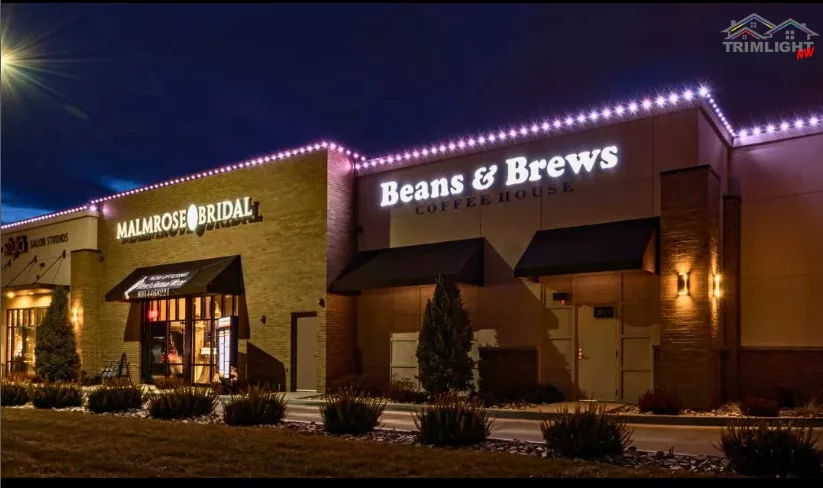retail exterior lighting on the outside of a business named Beans & Brews